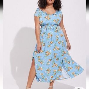 Torrid Maxi Textured Woven Double Slit Hem Dress Blue Orange Grove Print 3X
